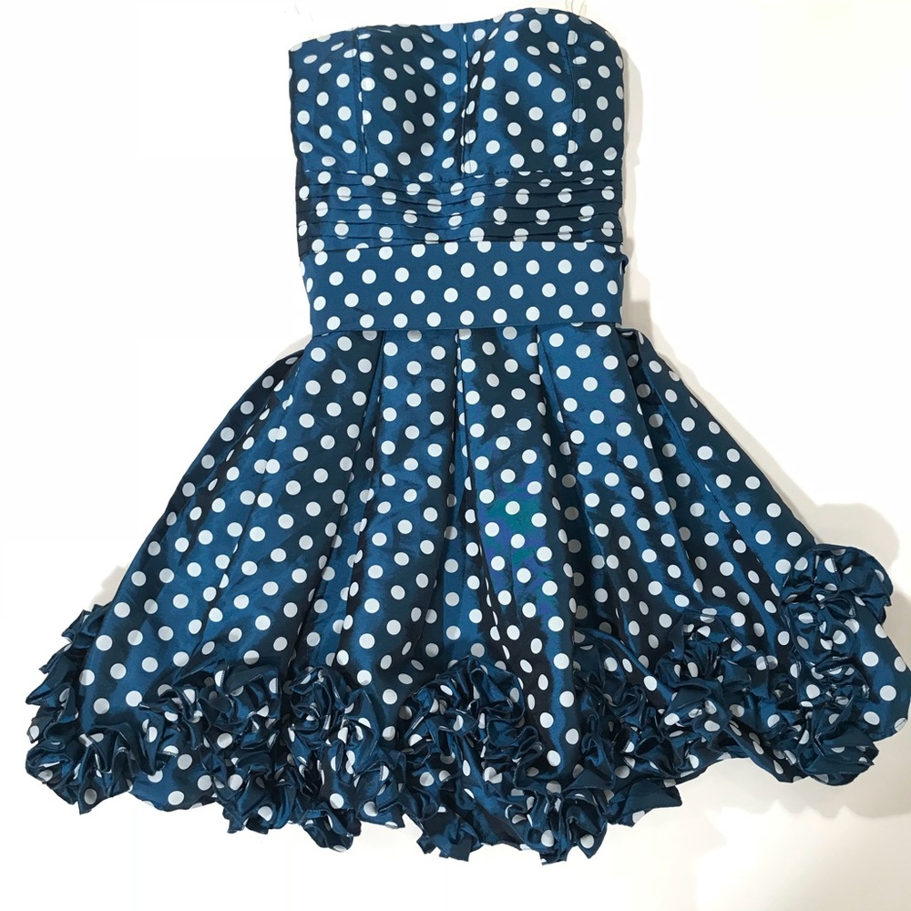 Blue Strapless Dress with White Polkadots